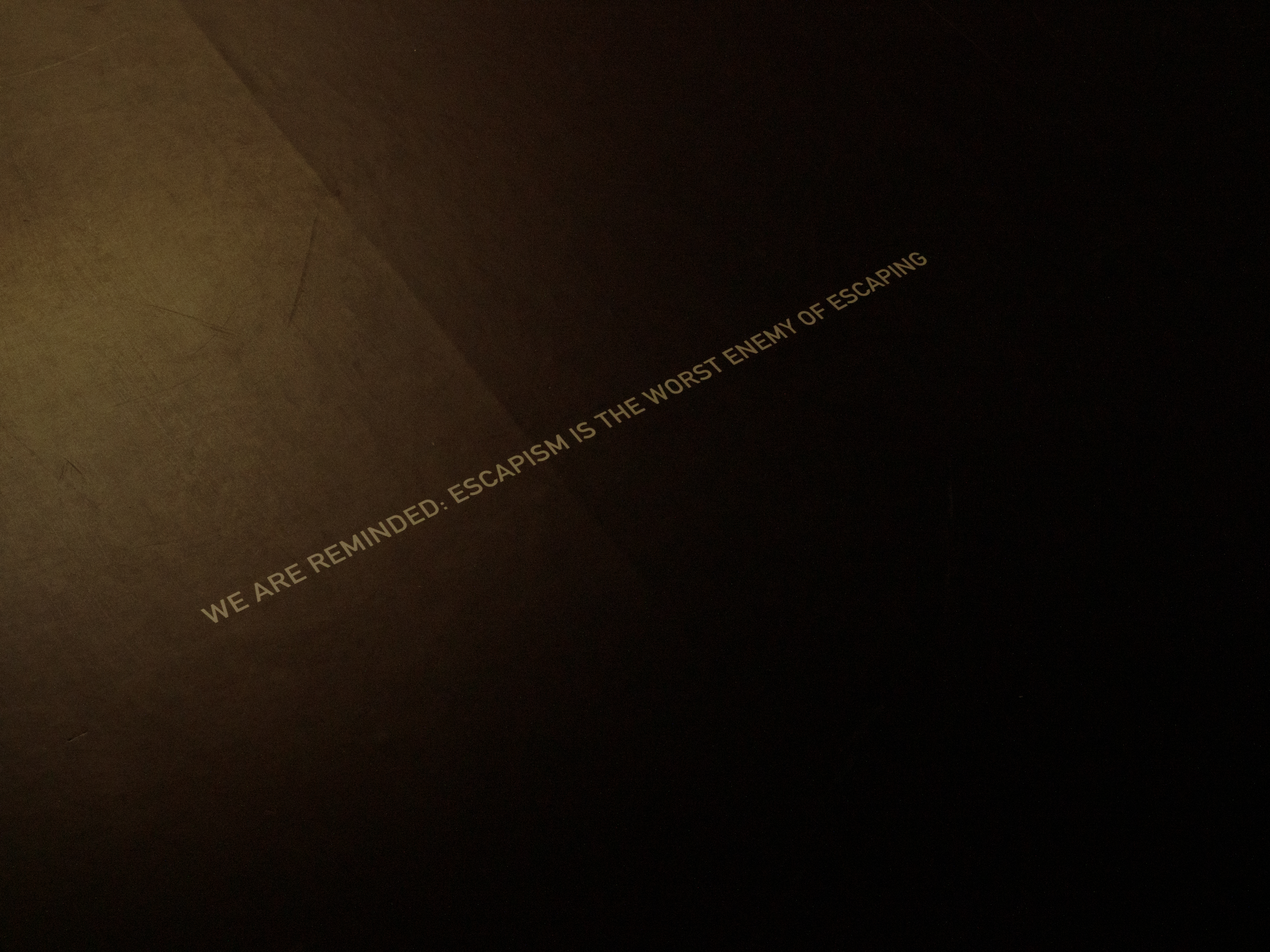Text projected diagonally across a dark floor: We are reminded: escapism is the worst enemy of escaping.